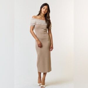 Boutique Off Shoulder Knit Midi Dress | Ruffle Neck Sweater Dress | Tan | S–M–L